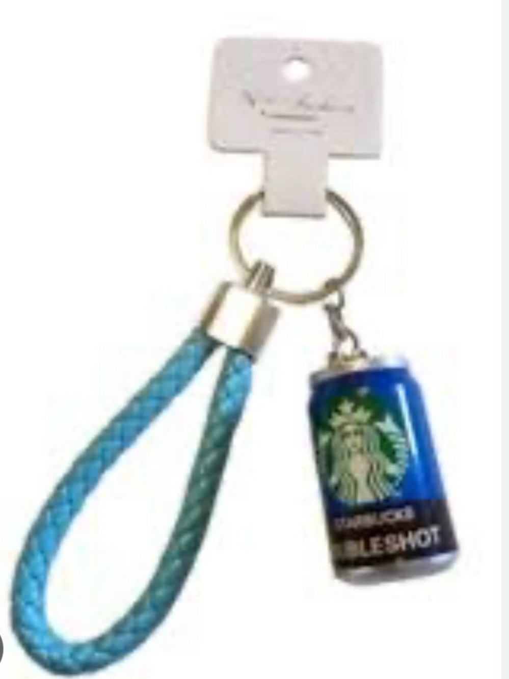 Starbucks Blue Can Keychain with Teal Braided Loop